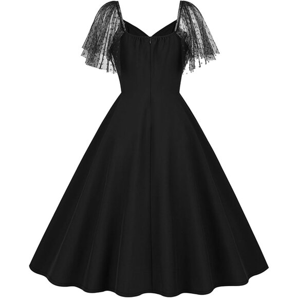 Women's Gothic Mini Dress Black Mesh Sleeve Keyhole Collar Vintage Style - Picture 3 of 3